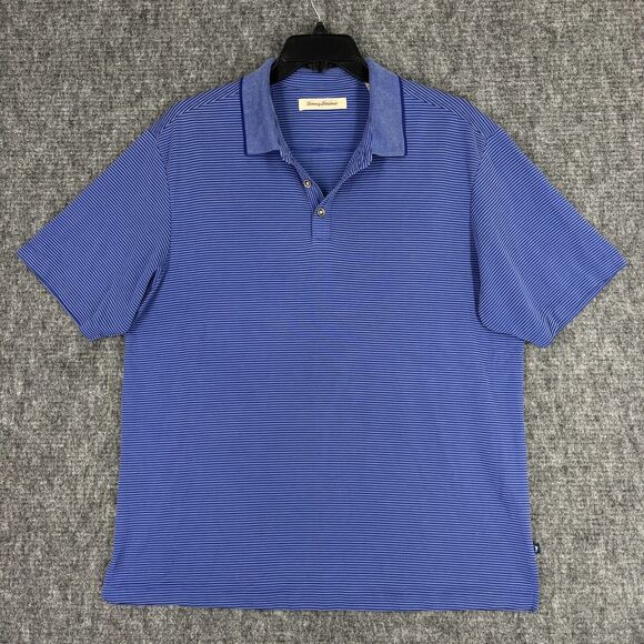TOMMY BAHAMA‎ POLO SHIRT MENS XL BLUE STRIPE LOOSE CASUAL COLLAR SHORT-SLEEVE - Picture 1 of 11